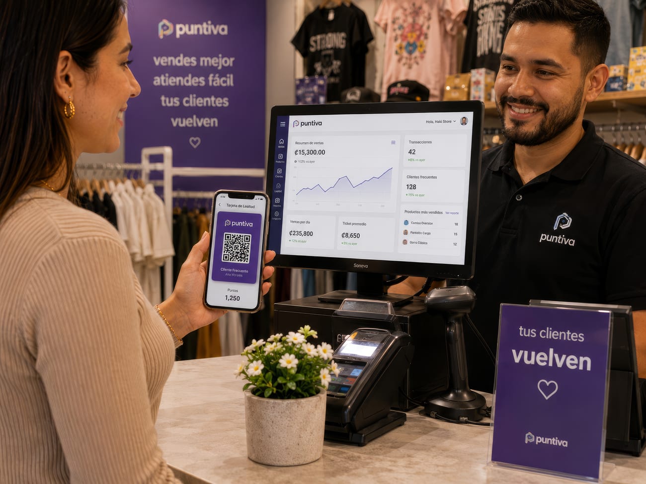 Clienta mostrando su tarjeta de puntos con código QR