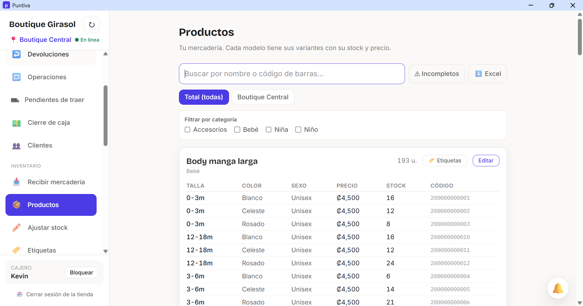 Inventario por talla, color y sexo